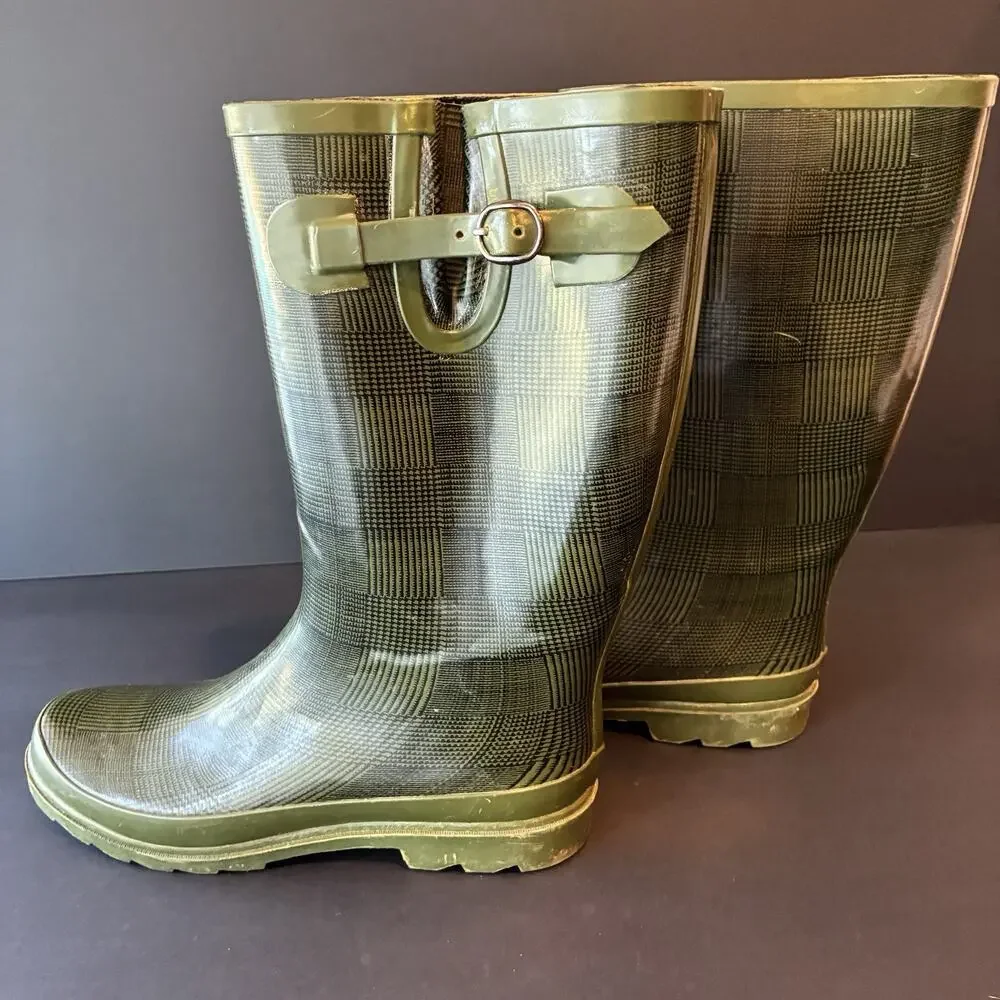 Pendleton Classic Tall Rain Boots Wellies Green Plaid Houndstooth Size 10